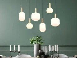 Retro LED Pendelleuchte 6-flammig mit Glasschirmen in Weiß, Breite 92cm