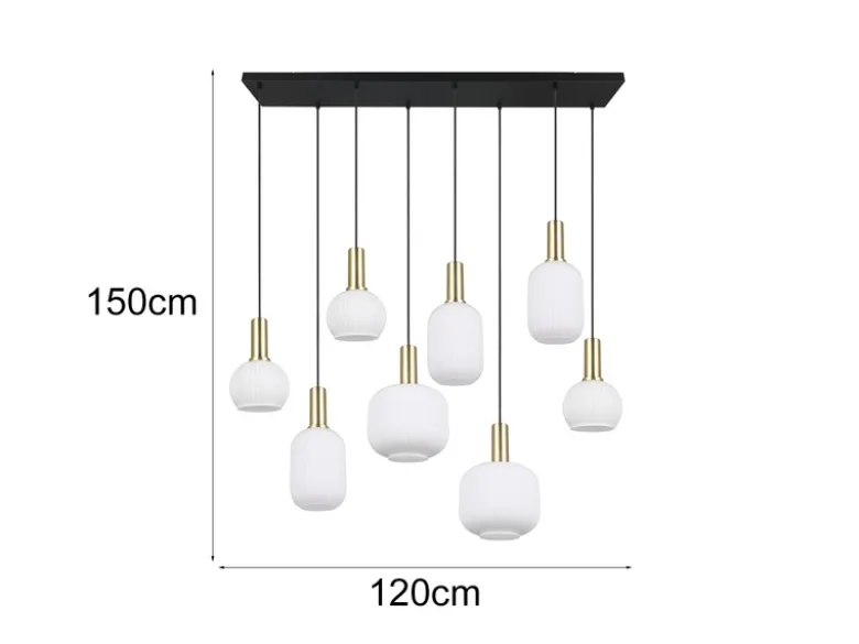 Retro LED Pendelleuchte 8-flammig mit Glasschirmen in Weiß, Breite 120cm