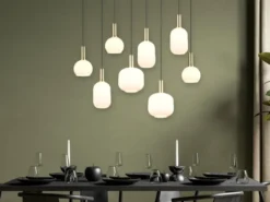 Retro LED Pendelleuchte 8-flammig mit Glasschirmen in Weiß, Breite 120cm