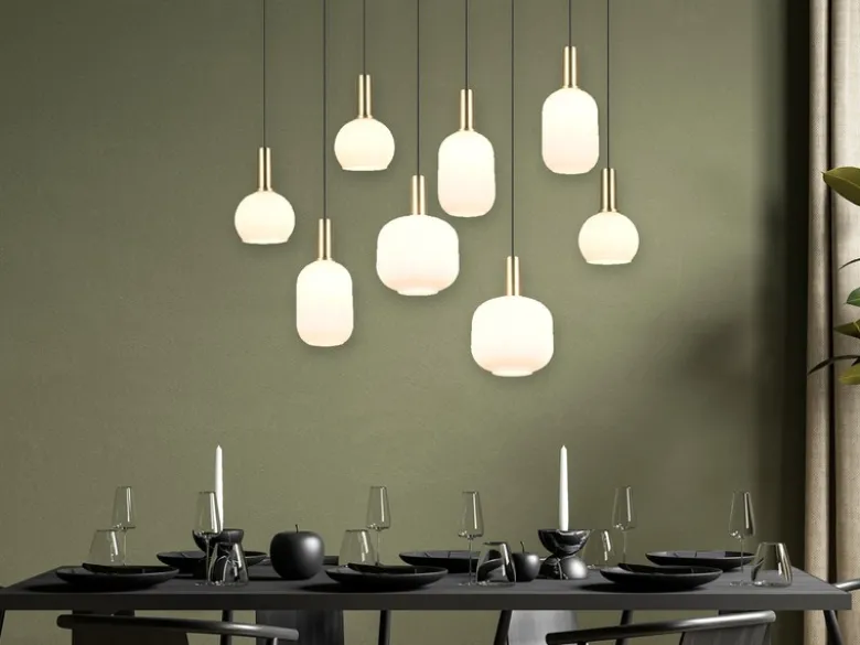 Retro LED Pendelleuchte 8-flammig mit Glasschirmen in Weiß, Breite 120cm