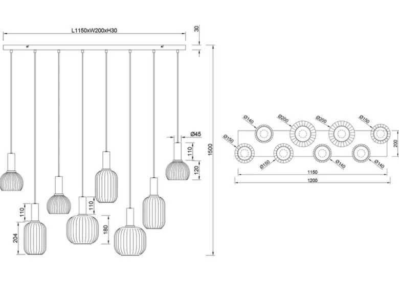 Retro LED Pendelleuchte 8-flammig mit Glasschirmen in Weiß, Breite 120cm