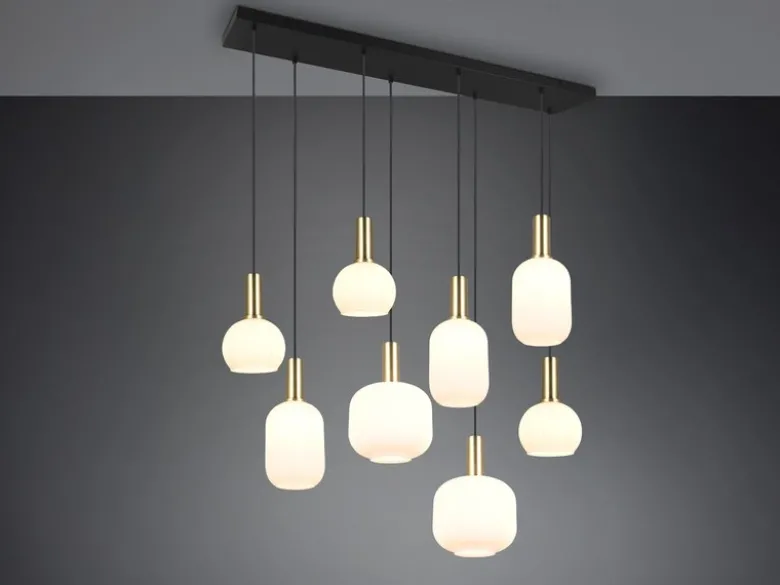 Retro LED Pendelleuchte 8-flammig mit Glasschirmen in Weiß, Breite 120cm
