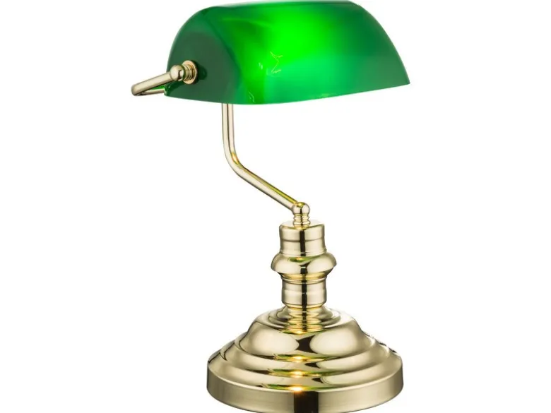 Retro LED Schreibtischleuchte Messing mit Glasschirm Grün, Höhe 36cm