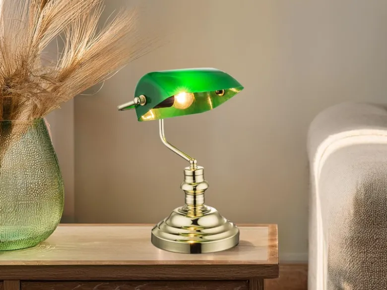 Retro LED Schreibtischleuchte Messing mit Glasschirm Grün, Höhe 36cm