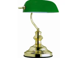 Retro LED Schreibtischleuchte Messing mit Glasschirm Grün, Höhe 36cm
