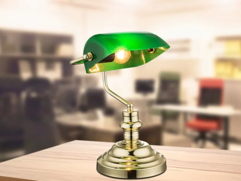 Retro LED Schreibtischleuchte Messing mit Glasschirm Grün, Höhe 36cm