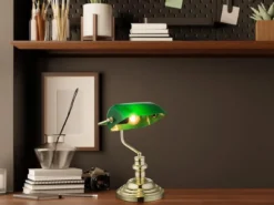 Retro LED Schreibtischleuchte Messing mit Acrylschirm Grün, Höhe 36cm