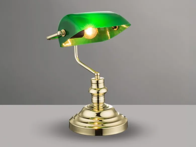 Retro LED Schreibtischleuchte Messing mit Acrylschirm Grün, Höhe 36cm