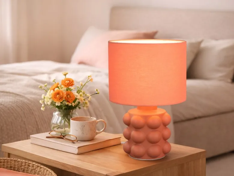 Retro LED Tischlampe mit Keramikfuß & Stoffschirm Orange, Höhe 30cm