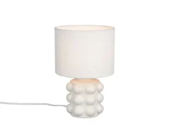Retro LED Tischlampe mit Keramikfuß & Stoffschirm Weiß, Höhe 30cm