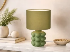 Retro LED Tischlampe mit Keramikfuß & Stoffschirm Grün, Höhe 30cm