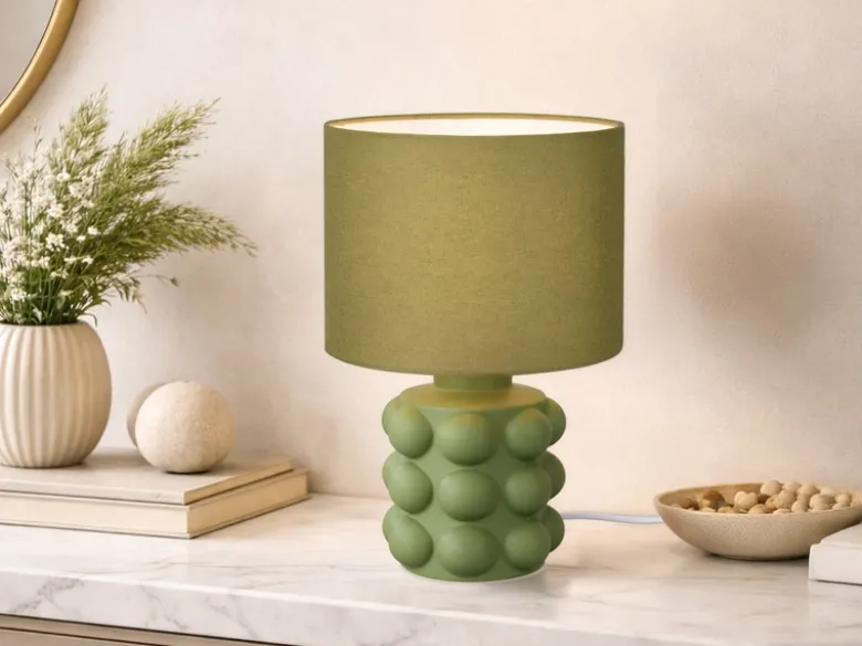 Retro LED Tischlampe mit Keramikfuß & Stoffschirm Grün, Höhe 30cm