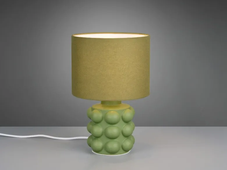 Retro LED Tischlampe mit Keramikfuß & Stoffschirm Grün, Höhe 30cm