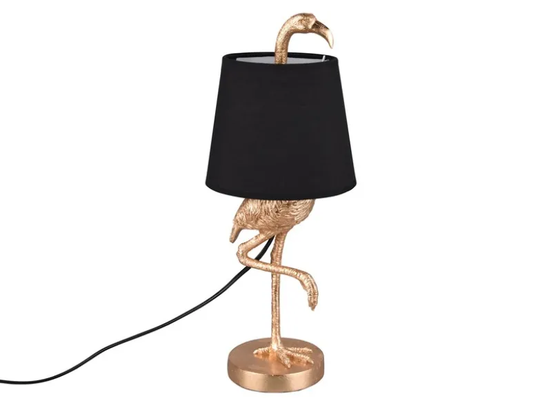Retro LED Tischleuchte Flamingo Gold mit Stoffschirm in Schwarz, Höhe 42cm