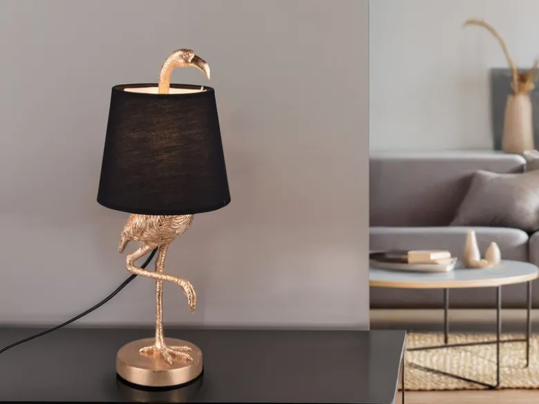 Retro LED Tischleuchte Flamingo Gold mit Stoffschirm in Schwarz, Höhe 42cm