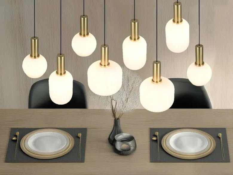 Retro Pendelleuchte DIVA 8-flammig mit Glasschirmen in Weiß, Breite 120cm