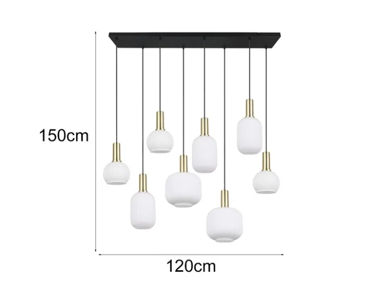 Retro Pendelleuchte DIVA 8-flammig mit Glasschirmen in Weiß, Breite 120cm