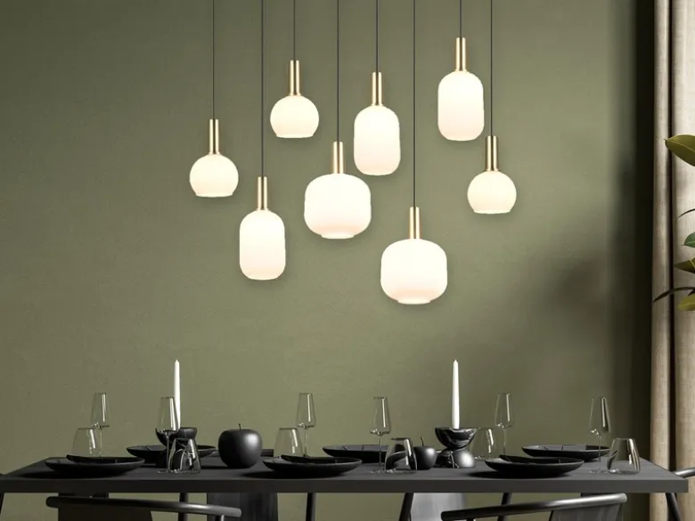 Retro Pendelleuchte DIVA 8-flammig mit Glasschirmen in Weiß, Breite 120cm