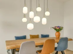Retro Pendelleuchte DIVA 8-flammig mit Glasschirmen in Weiß, Breite 120cm