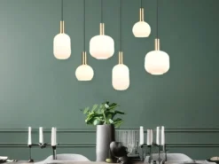 Retro Pendelleuchte DIVA 6-flammig mit Glasschirmen in Weiß, Breite 92cm