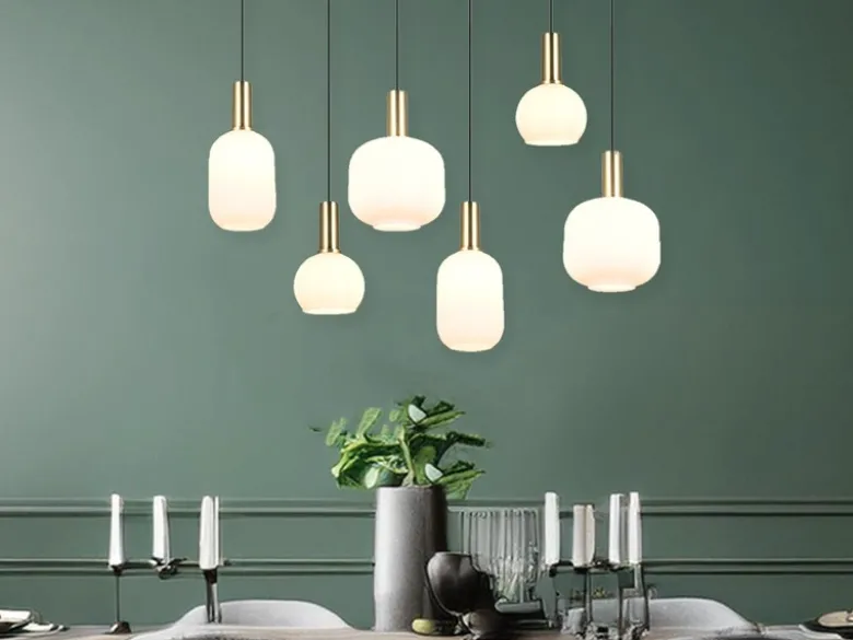 Retro Pendelleuchte DIVA 6-flammig mit Glasschirmen in Weiß, Breite 92cm
