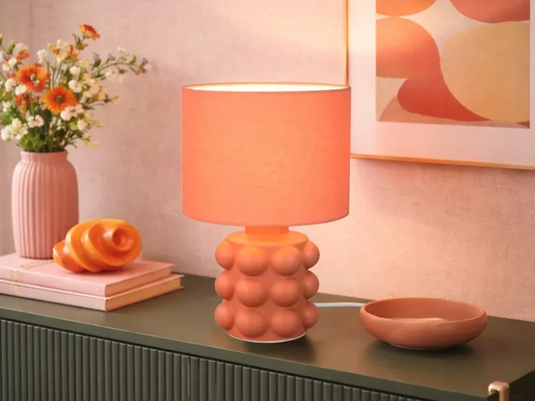 Retro Tischlampe KATE mit Keramikfuß & Stoffschirm Orange, Höhe 30cm