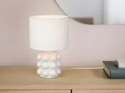 Retro Tischlampe KATE mit Keramikfuß & Stoffschirm Weiß, Höhe 30cm