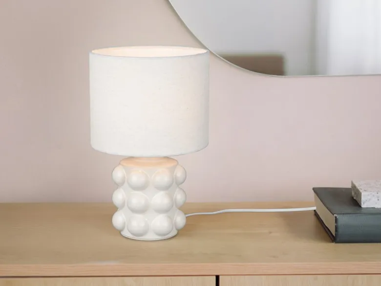 Retro Tischlampe KATE mit Keramikfuß & Stoffschirm Weiß, Höhe 30cm