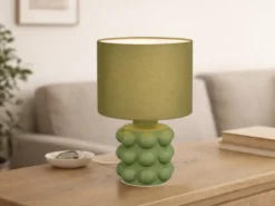 Retro Tischlampe KATE mit Keramikfuß & Stoffschirm Grün, Höhe 30cm