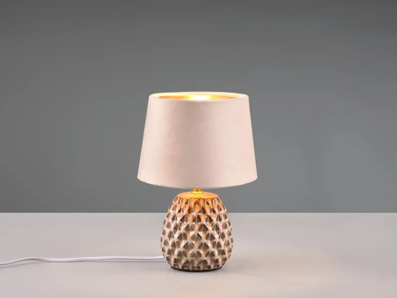 Retro Tischleuchte ARIANA mit Samtschirm in Beige/Gold, Höhe 27cm