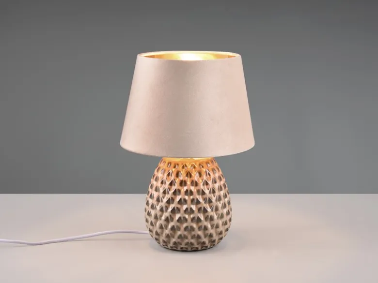 Retro Tischleuchte ARIANA mit Samtschirm in Beige/Gold, Höhe 35cm