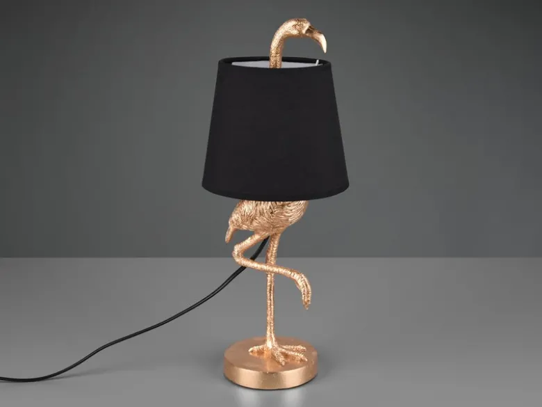 Retro Tischleuchte LOLA Flamingo Gold mit Stoffschirm in Schwarz, Höhe 42cm
