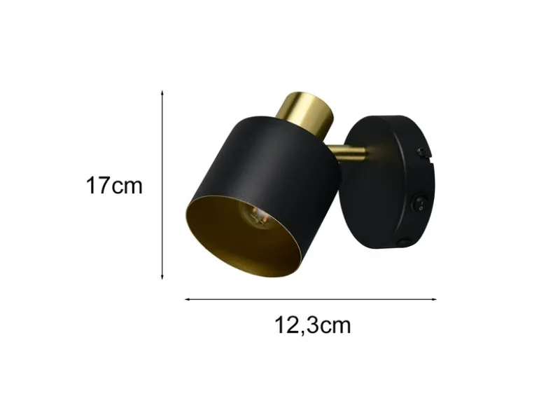 Retro Wandstrahler EVA mit Schalter aus Metall Schwarz Gold, Höhe 17cm