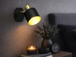 Retro Wandstrahler EVA mit Schalter aus Metall Schwarz Gold, Höhe 17cm