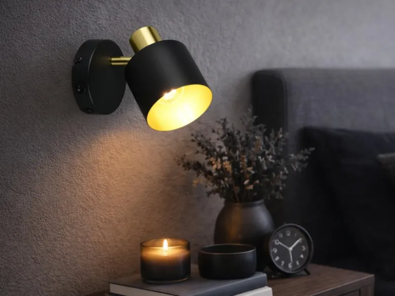 Retro Wandstrahler EVA mit Schalter aus Metall Schwarz Gold, Höhe 17cm