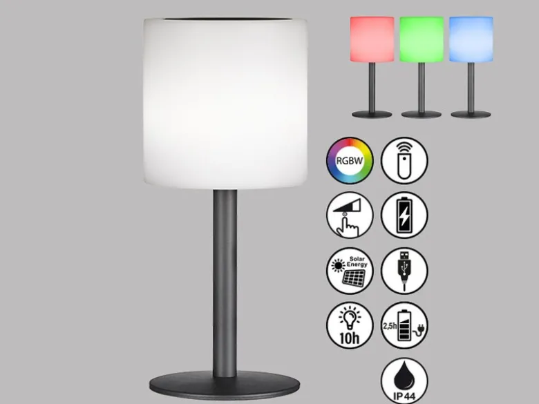 RGB Tischlampe LESINA mit Fernbedienung, per Solar & USB aufladbar, Höhe 30cm