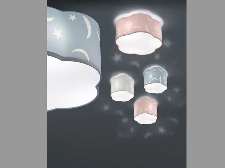 Runde Deckenleuchte Ø 40cm MOONY in weiß, Stoffschirm mit Mond + Sternen Design