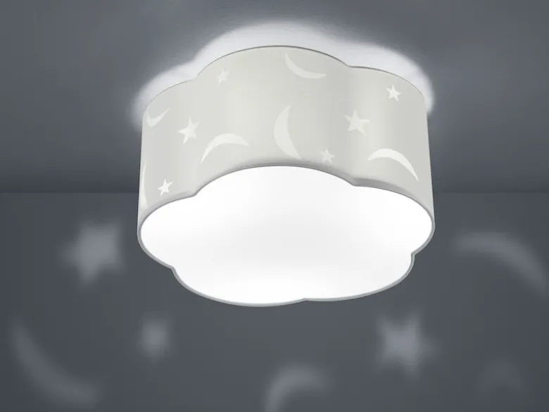 Runde Deckenleuchte Ø 40cm MOONY in weiß, Stoffschirm mit Mond + Sternen Design
