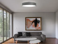 Runde LED Deckenleuchte mit Stoffschirm in Grau, Ø 65cm