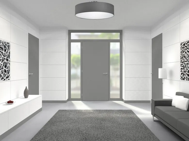 Runde LED Deckenleuchte mit Stoffschirm in Grau, Ø 50cm