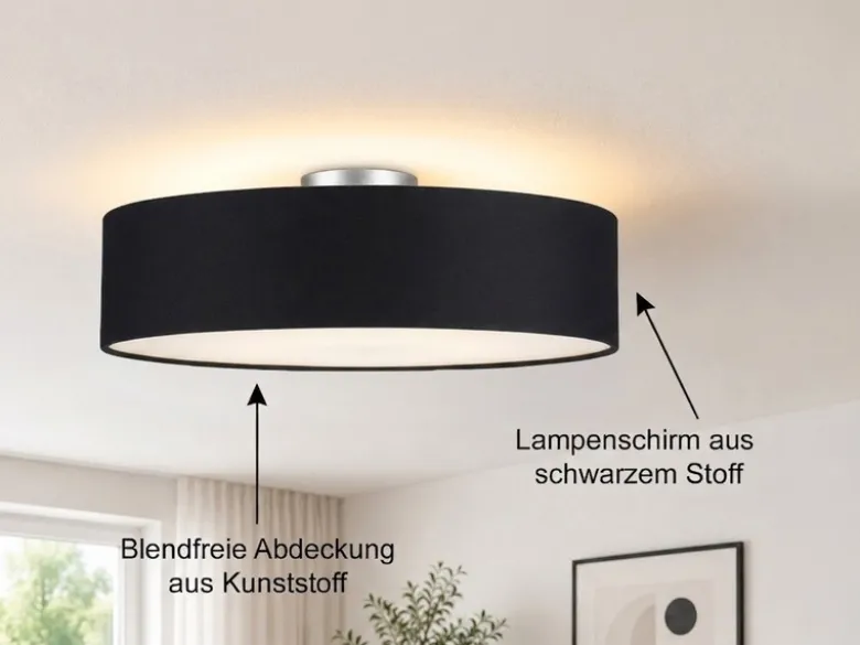 Runde zeitlose Deckenleuchte CALMA mit Stoffschirm in Schwarz Ø 50cm
