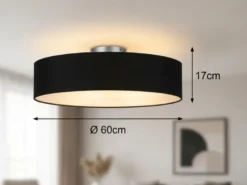 Runde zeitlose Deckenleuchte CALMA mit Stoffschirm in Schwarz Ø 60cm