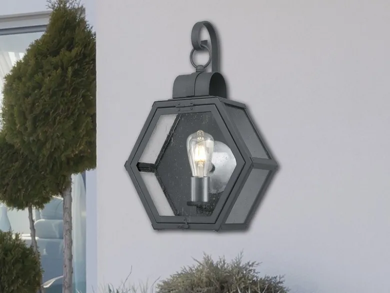 Rustikale Außenwand Laterne HEATH hängend sechseckig, Schwarz Höhe 48cm