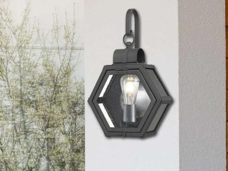 Rustikale Außenwand Laterne HEATH hängend sechseckig, Schwarz Höhe 42cm