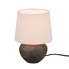 Rustikale Keramik LED Tischleuchte braun Stoffschirm in beige, Höhe 25cm