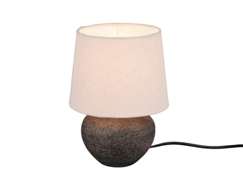 Rustikale Keramik Tischleuchte LOU Braun Stoffschirm in Beige, Höhe 25cm