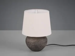 Rustikale Keramik Tischleuchte LOU Braun Stoffschirm in Beige, Höhe 25cm