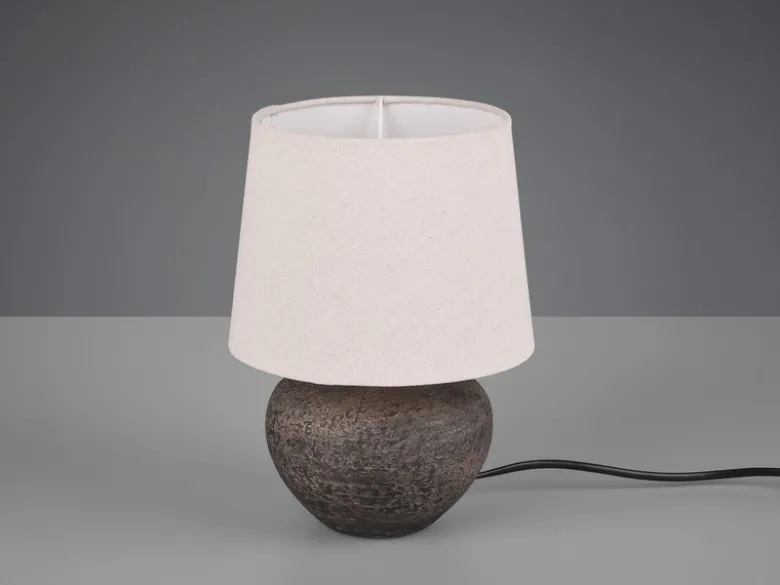 Rustikale Keramik Tischleuchte LOU Braun Stoffschirm in Beige, Höhe 25cm