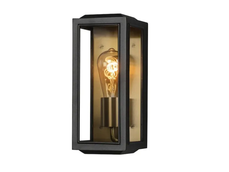 Schmale LED Außenwandlaterne Schwarz-Messing mit Klarglas, Höhe 30cm