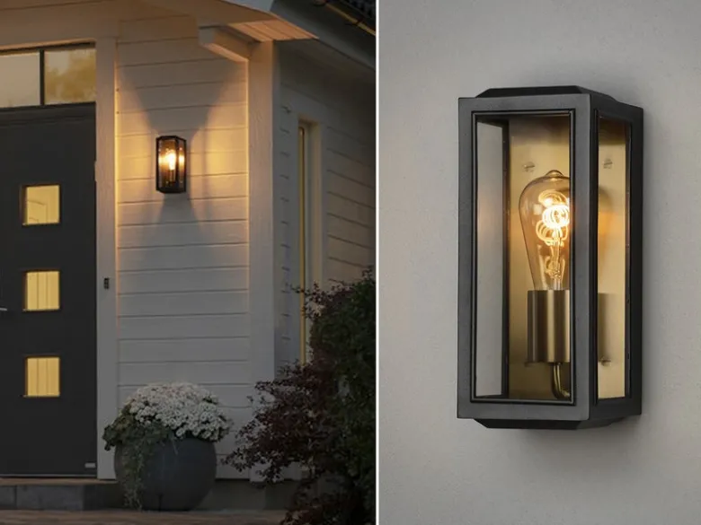 Schmale LED Außenwandlaterne Schwarz-Messing mit Klarglas, Höhe 30cm